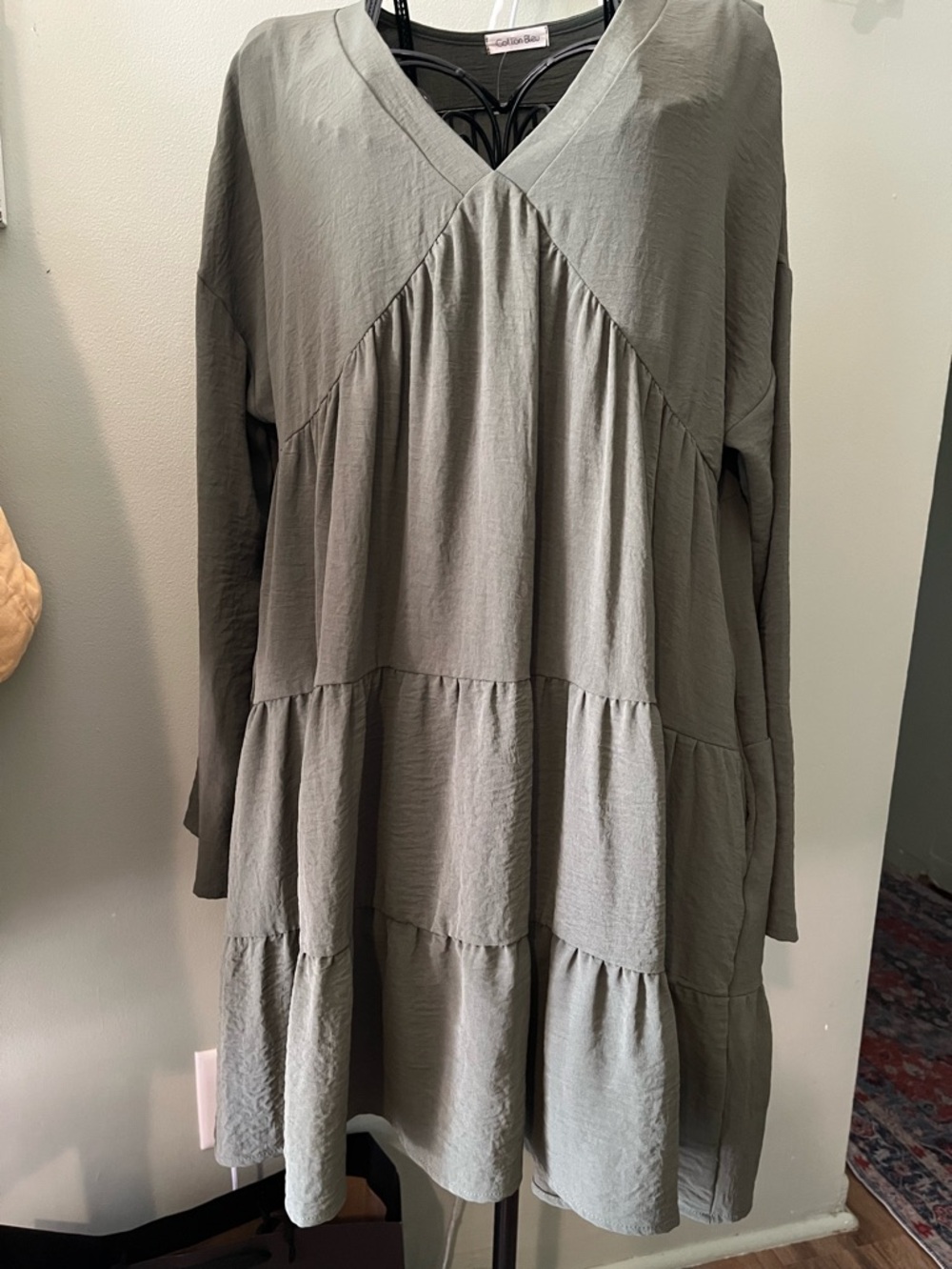 Olive Tiered V-Neck Midi Dress